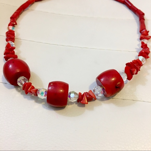 Red Coral & Crystal Chunky 19” Sterling Silver Necklace - Picture 6 of 7